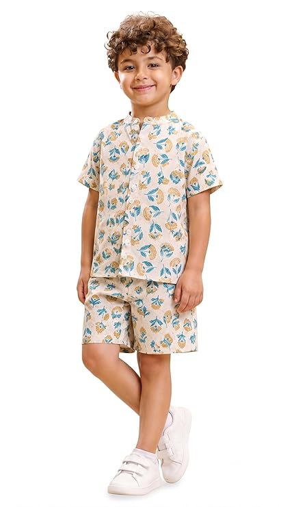 Boys 100% Cotton Printed Shirt and Shorts Set | Soft Breathable Clothing Set for Kids | Coordinated Summer Outfit with Comfortable Fit | Lightweight Co-Ord Set for Boys