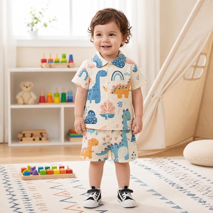 Baby Boys & girls Clothing Set | Ribbed Collar Shirt & Elastic Waist Shorts Co-Ord Set | Soft Breathable Casual Outfit for Toddlers & Kids | 2-Piece Clothing Set