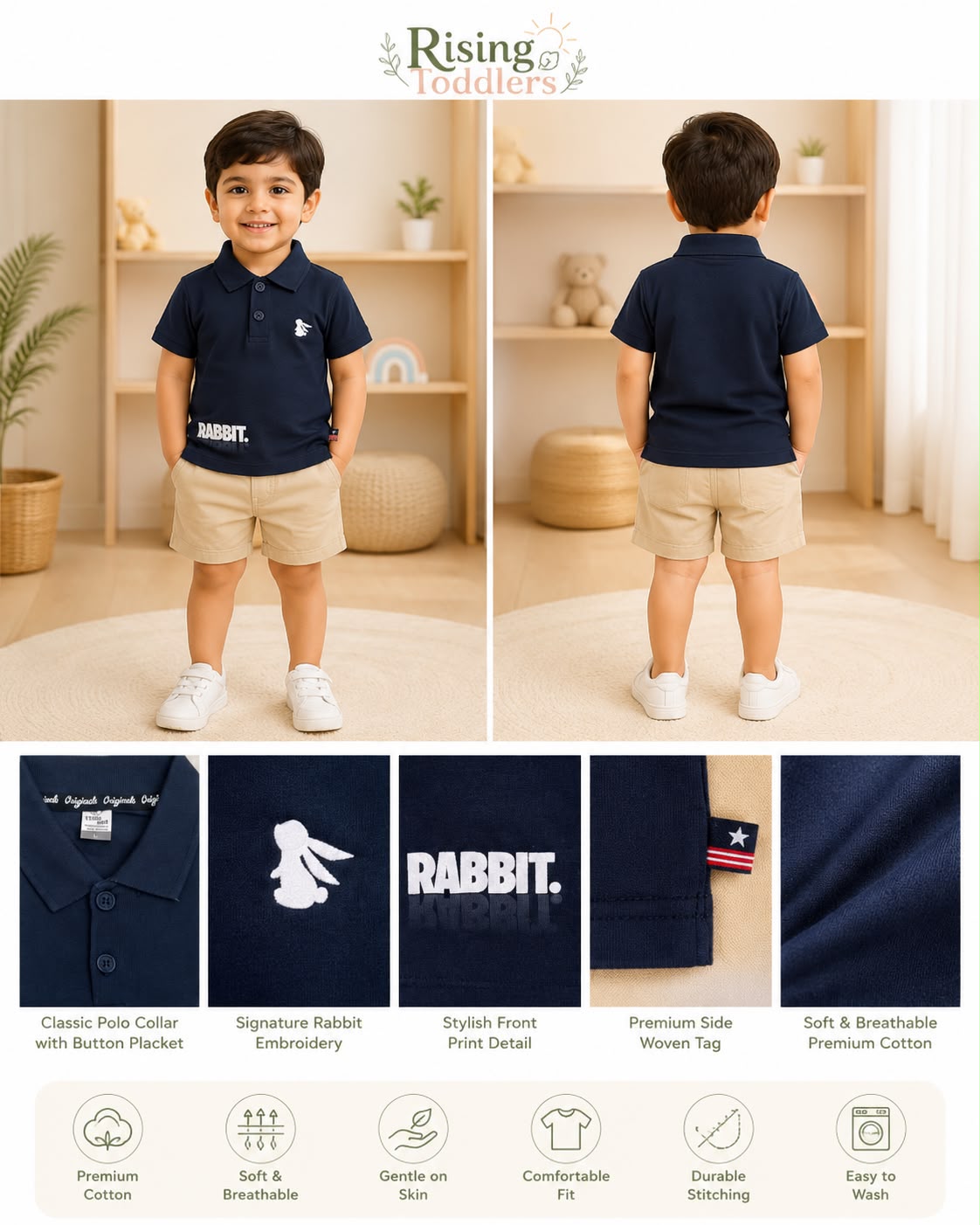 KT-1601 - Rabbit Premium Cotton Polo T-Shirt for Kids