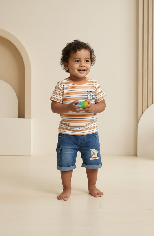 75017-Combo Premium Striped Tee & Denim Cargo Shorts Set
