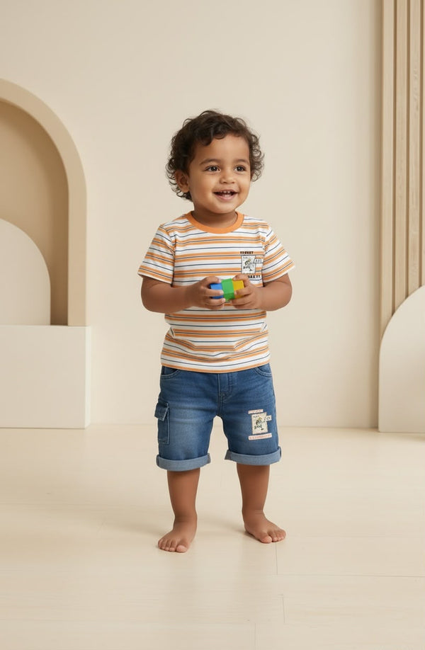 75017-Combo Premium Striped Tee & Denim Cargo Shorts Set