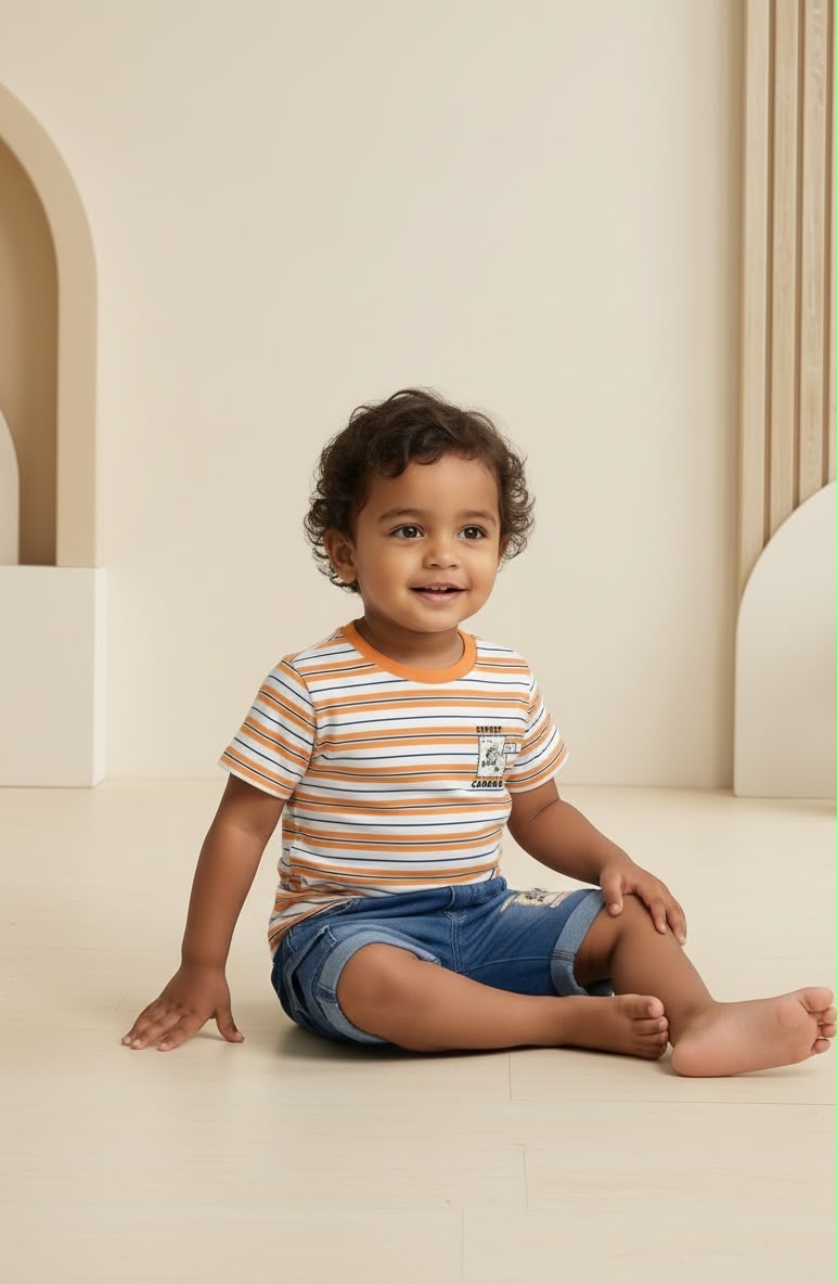 75017-Combo Premium Striped Tee & Denim Cargo Shorts Set