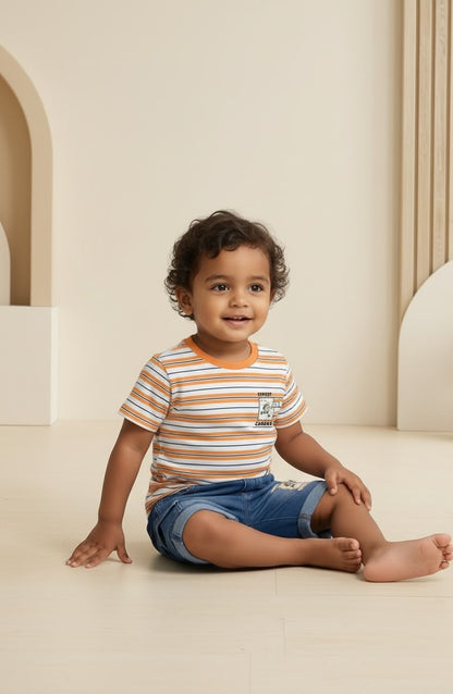 75017-Combo Premium Striped Tee & Denim Cargo Shorts Set