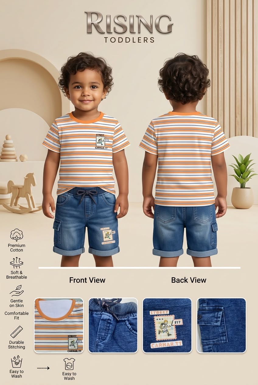 75017-Combo Premium Striped Tee & Denim Cargo Shorts Set