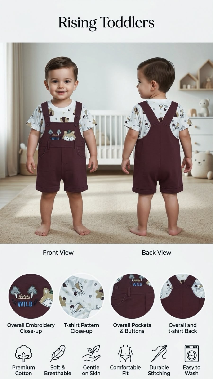 4009-Cute Fox Embroidered Dungaree Set