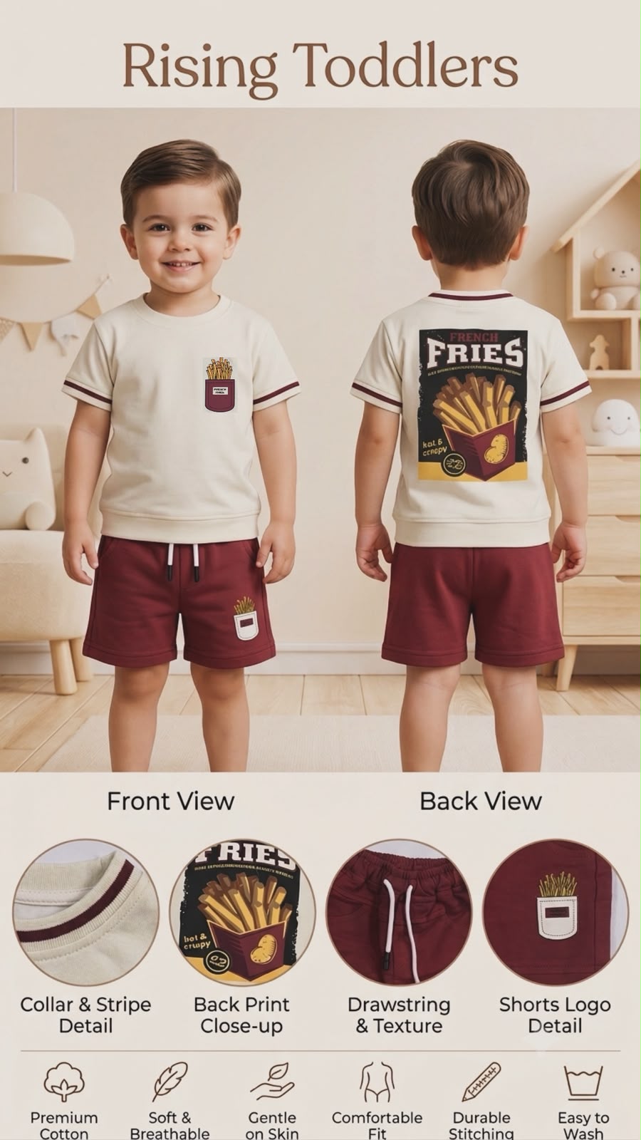 2830-Kids Casual Two-Piece French Fries T-Shirt and Shorts Set