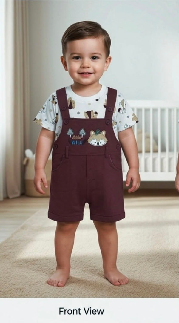 4009-Cute Fox Embroidered Dungaree Set