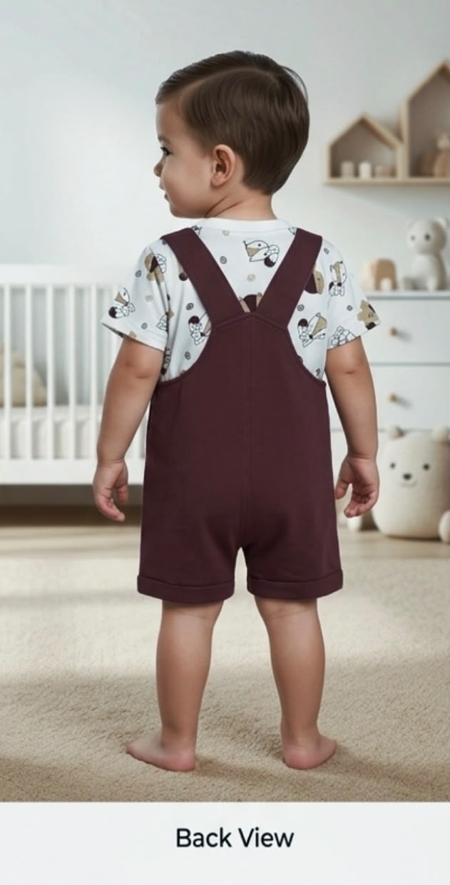 4009-Cute Fox Embroidered Dungaree Set