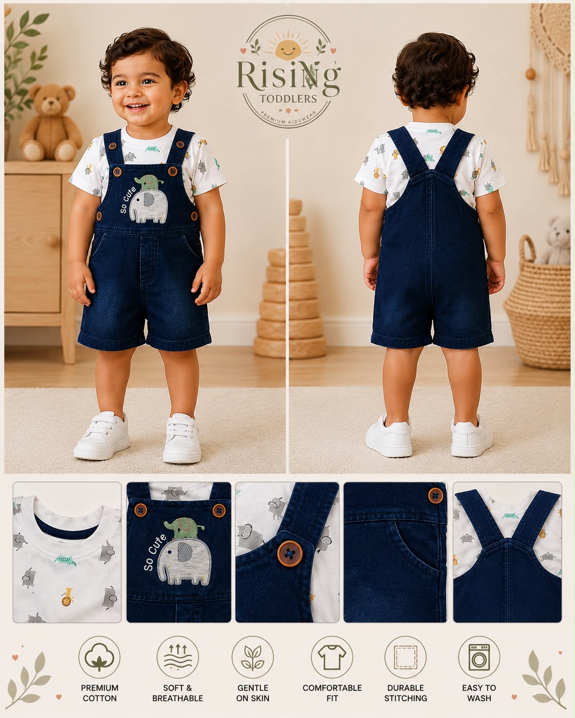 2376-Elephant Embroidered Dungaree Set with Printed T-Shirt