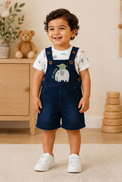 2376-Elephant Embroidered Dungaree Set with Printed T-Shirt