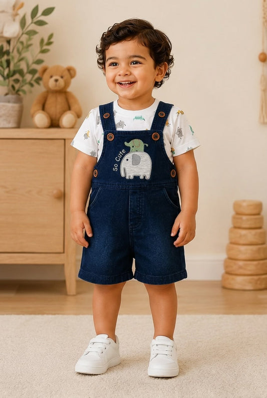 2376-Elephant Embroidered Dungaree Set with Printed T-Shirt