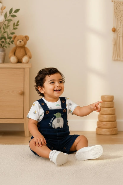 2376-Elephant Embroidered Dungaree Set with Printed T-Shirt